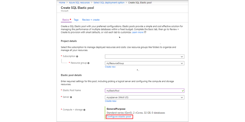 Trang tạo elastic pool trong Azure portal, với cấu hình elastic pool được chọn