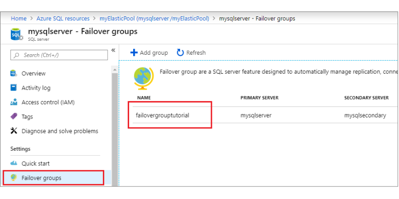 Giao diện trang chủ Mysqlserver, tab Failover groups