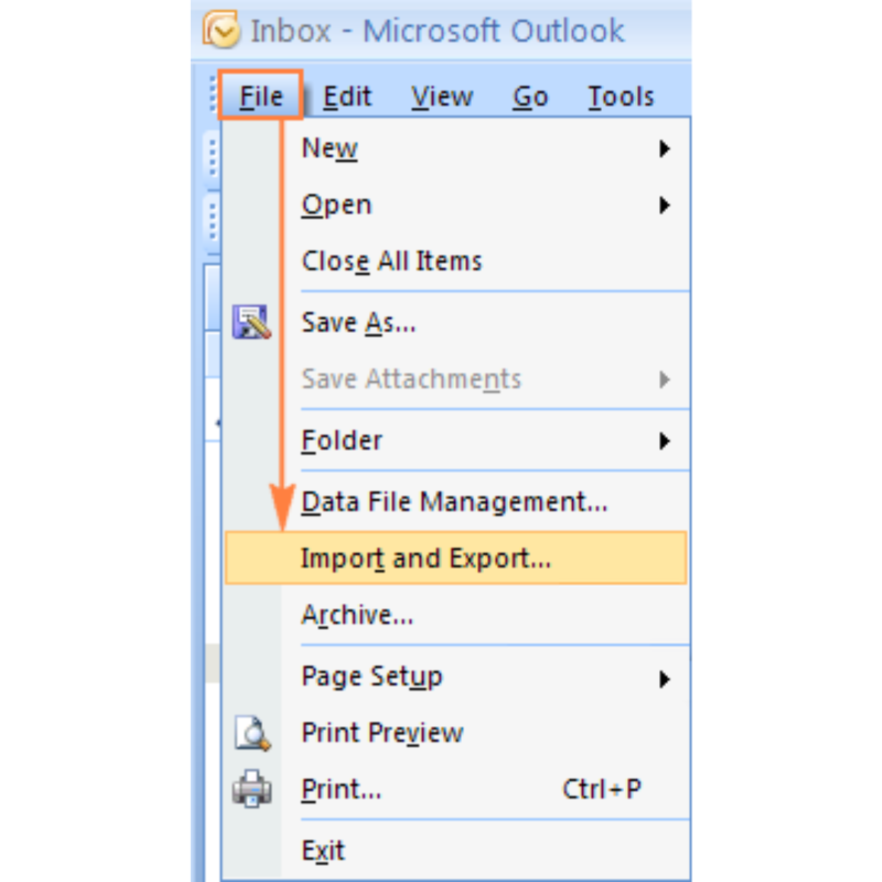 Click vào File rồi chọn Import and Export để Backup Outlook emails trên phiên bản 2007