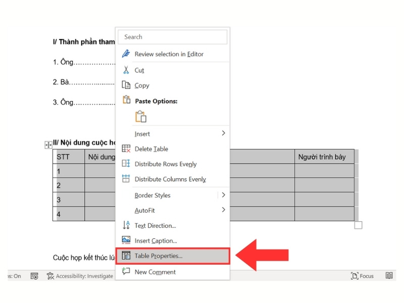 Chọn cài đặt Table Properties