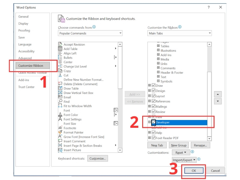 Chọn Developer ở cửa sổ Customize the Ribbon
