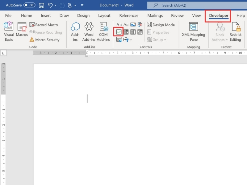 Chọn tab Developer và biểu tượng ô tick trong Word 