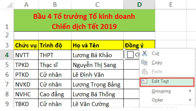 Để xóa nội dung checkbox, click vô Edit Text