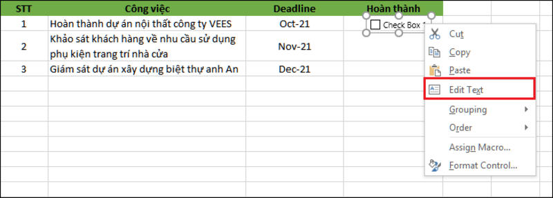 Để thay cho thay tên của checkbox, hãy nhấn vô Edit Text