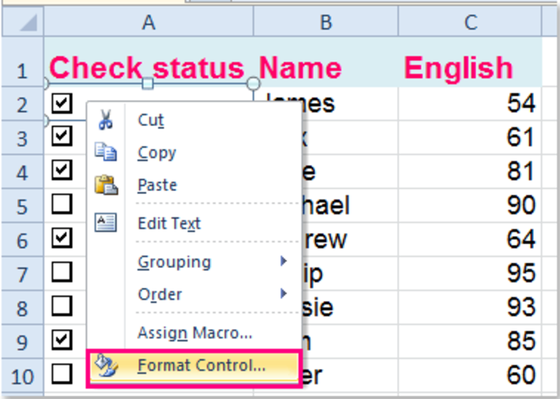 Click phải vào hộp kiểm rồi nhấn chọn Format Control