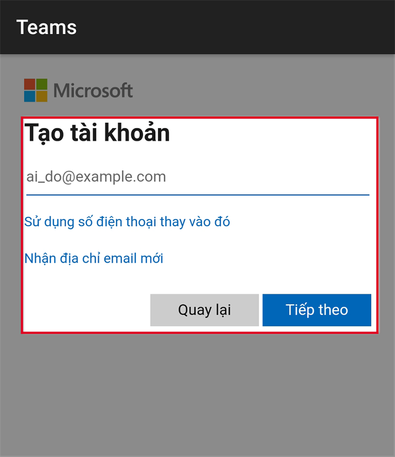 Đăng ký tài khoản Microsoft Teams trên điện thoại