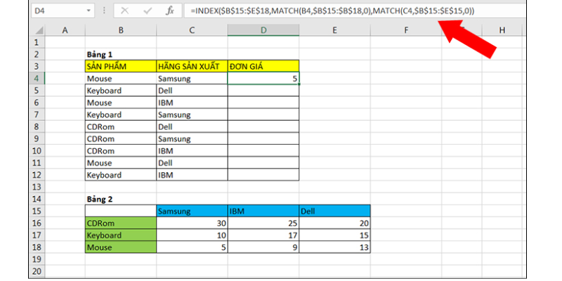 Nhập công thức kết hợp giữa hàm Match Index Excel