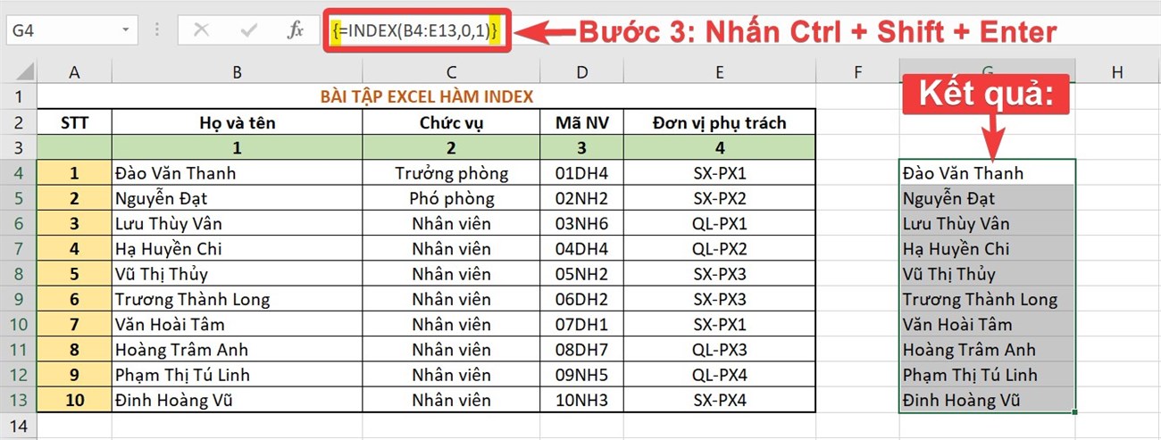 Kết quả sau khi đã khắc phục lỗi #N/A hoặc #VALUE! hàm INDEX trong Excel