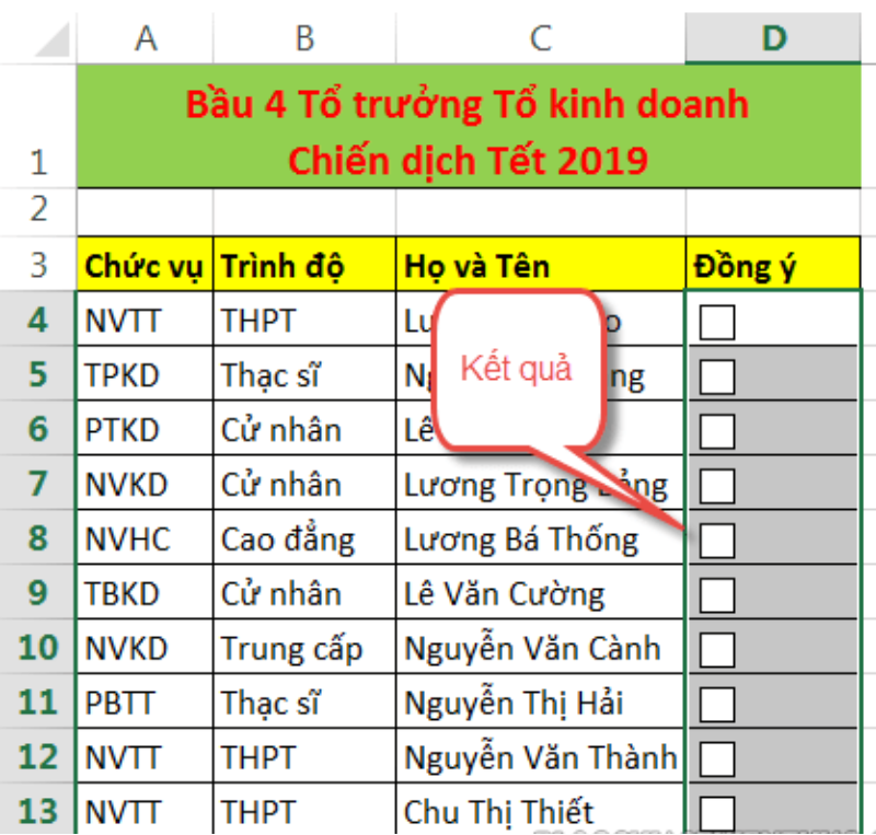 Kết quả tạo checkbox trong Excel một cách hàng loạt