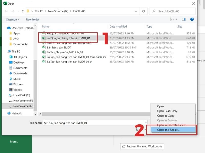 Chọn mục Open and Repair để sửa file lỗi