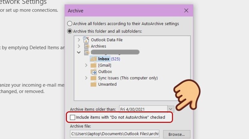 Nhấn chọn vào tùy chọn Include items with “Do not AutoArchive” checked