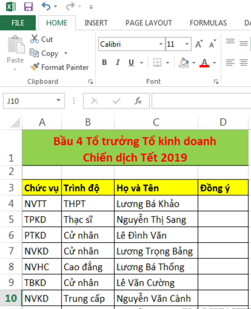 Giả sử file Excel đang muốn tạo checkbox hàng loạt là “Bầu tổ trưởng kinh doanh chiến dịch Tết”