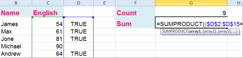 Sử dụng công thức SUMPRODUCT nhằm kiểm điểm tổng những độ quý hiếm dù Checkbox in Excel