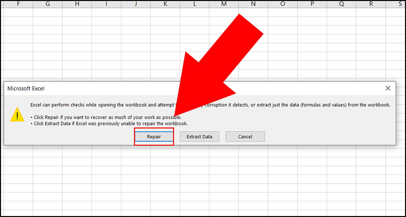 Dùng tính năng tự sửa trong Excel để sửa lỗi file