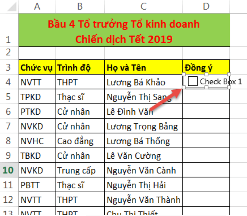 Click vào ô mà mình đang muốn tạo dấu checkbox