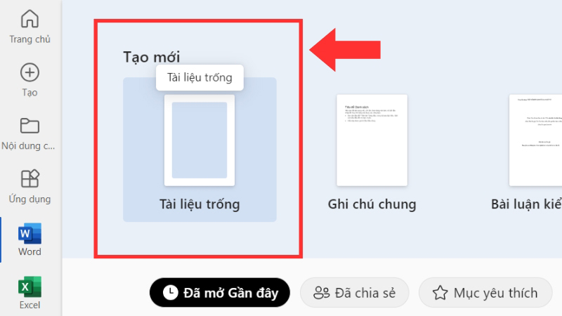 Chọn vào Tài liệu trống để tạo một tài liệu Word mới