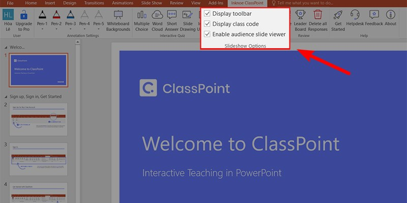 Bộ các công cụ tùy chọn để bật, tắt một số tùy chọn khi thực hiện trình chiếu