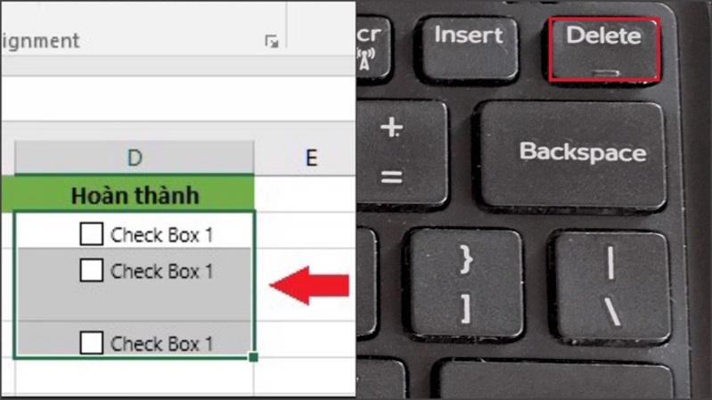 Kéo chuột để chọn các ô checkbox muốn xóa rồi nhấn phím Delete