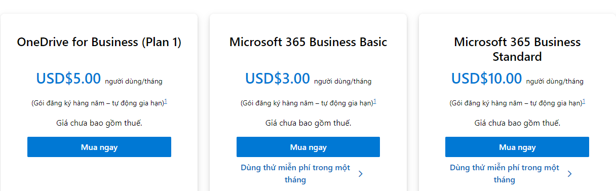 Các gói OneDrive cho doanh nghiệp 