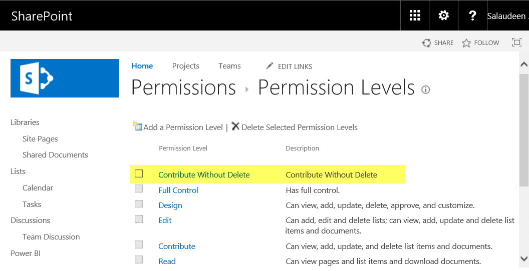 Chọn Add a Permission Level để thêm phân quyền mới 