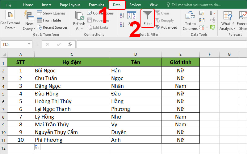 Chọn Filter để tạo bộ lọc tự động sắp xếp, sắp xếp tên theo ABC trong Excel 