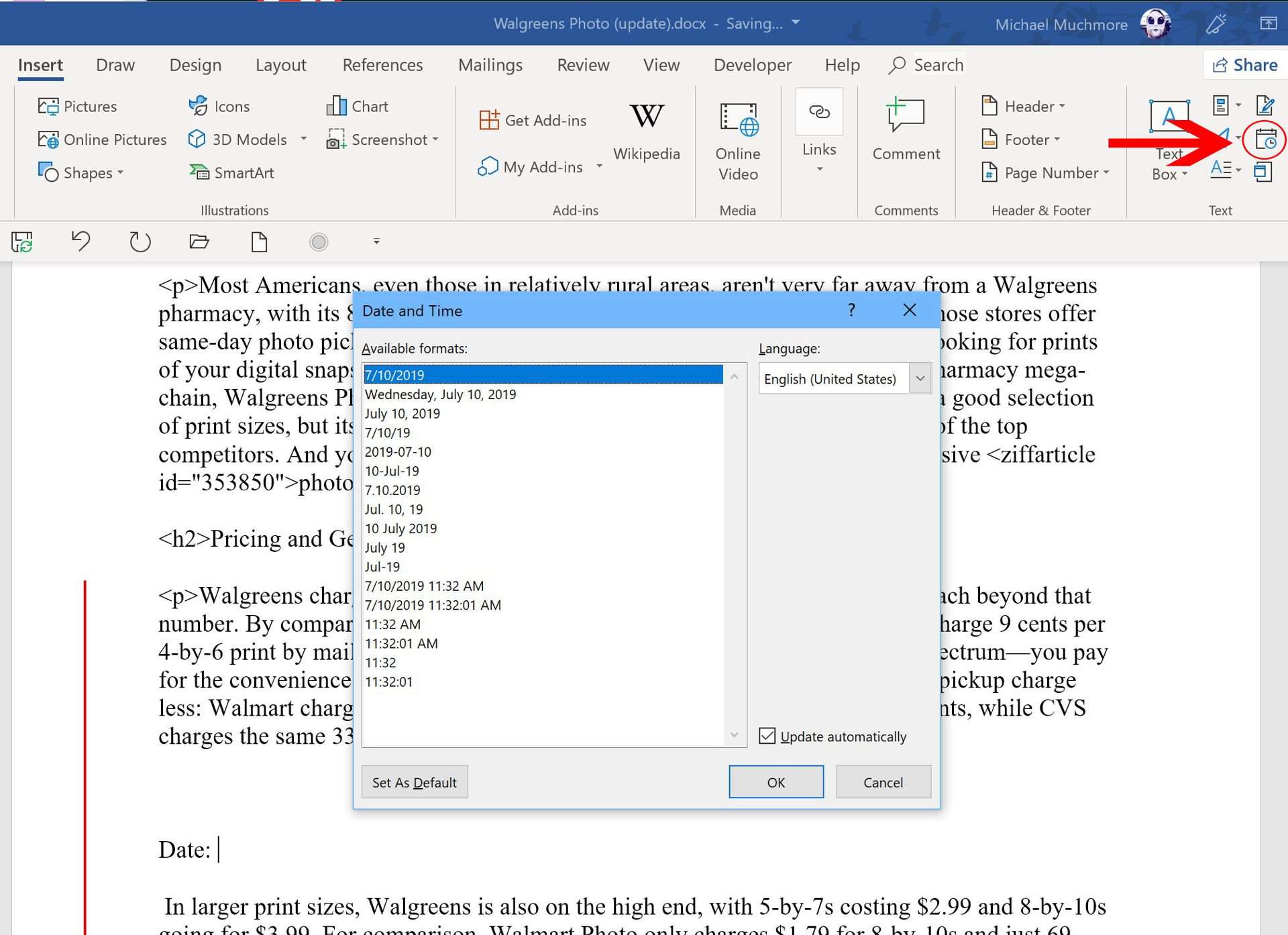 Cài đặt tự động cập nhật ngày giờ giúp tiện theo dõi, sử dụng Microsoft Word Document